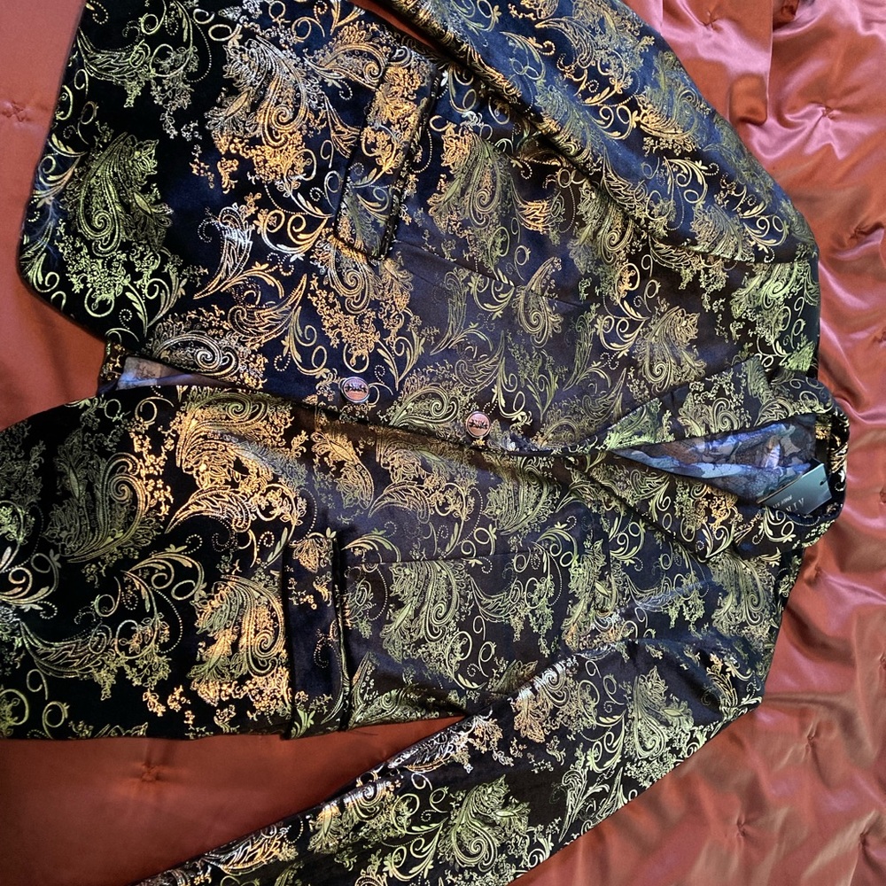 NEW Black Velvet Gold Two Button Blazer Jacket